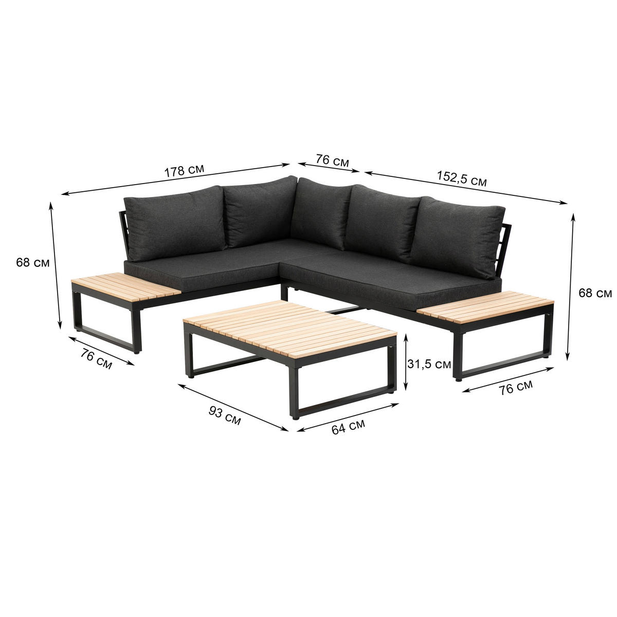 LOUNGEGARNITUR Akazie massiv, Hartholz Aluminium  - Anthrazit/Braun, MODERN, Holz/Textil (178/68/228,5cm) - Gardenson