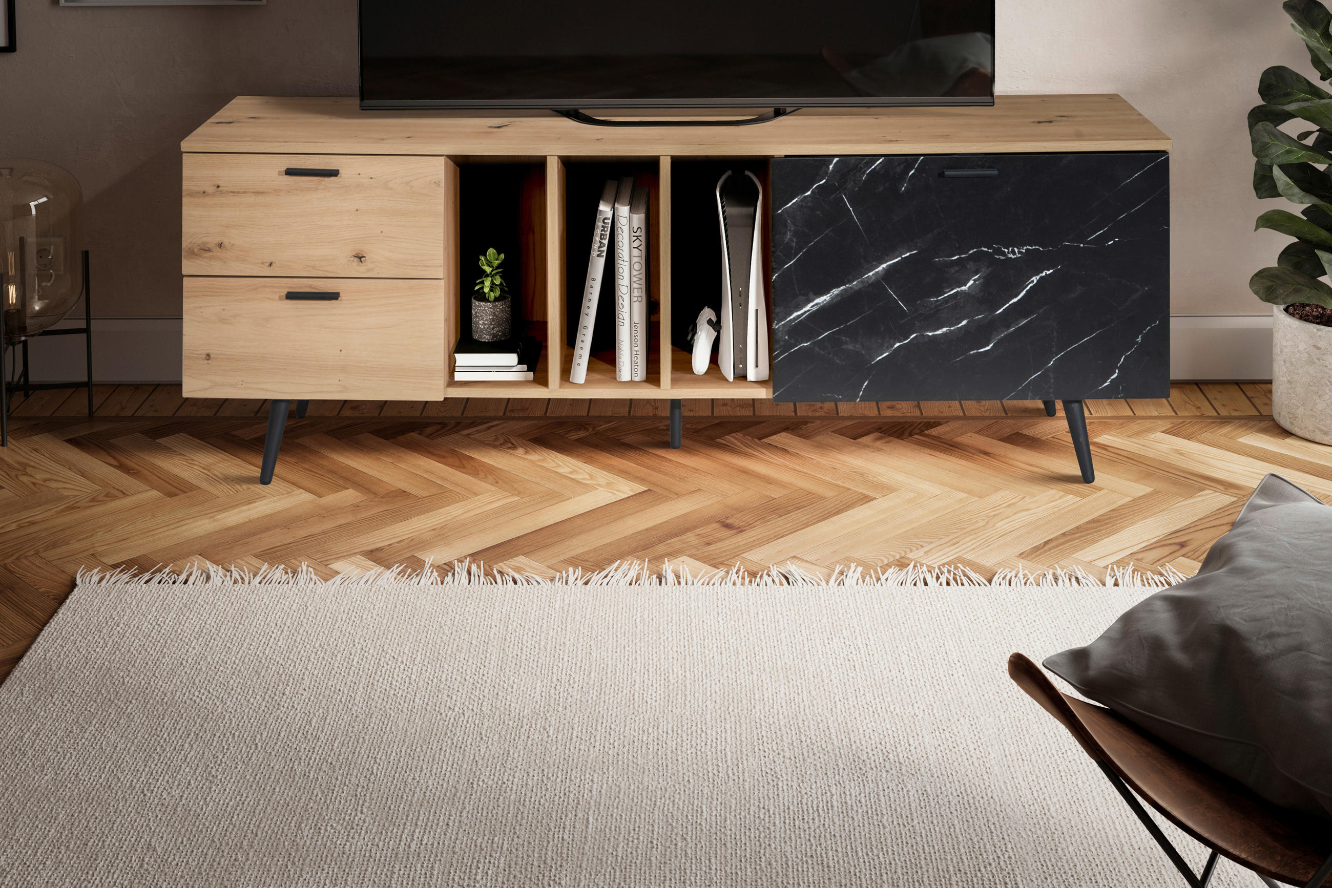 LOWBOARD  in  - Eichefarben/Dunkelgrau, Design, Holzwerkstoff/Metall (150/55/40cm) - Livetastic