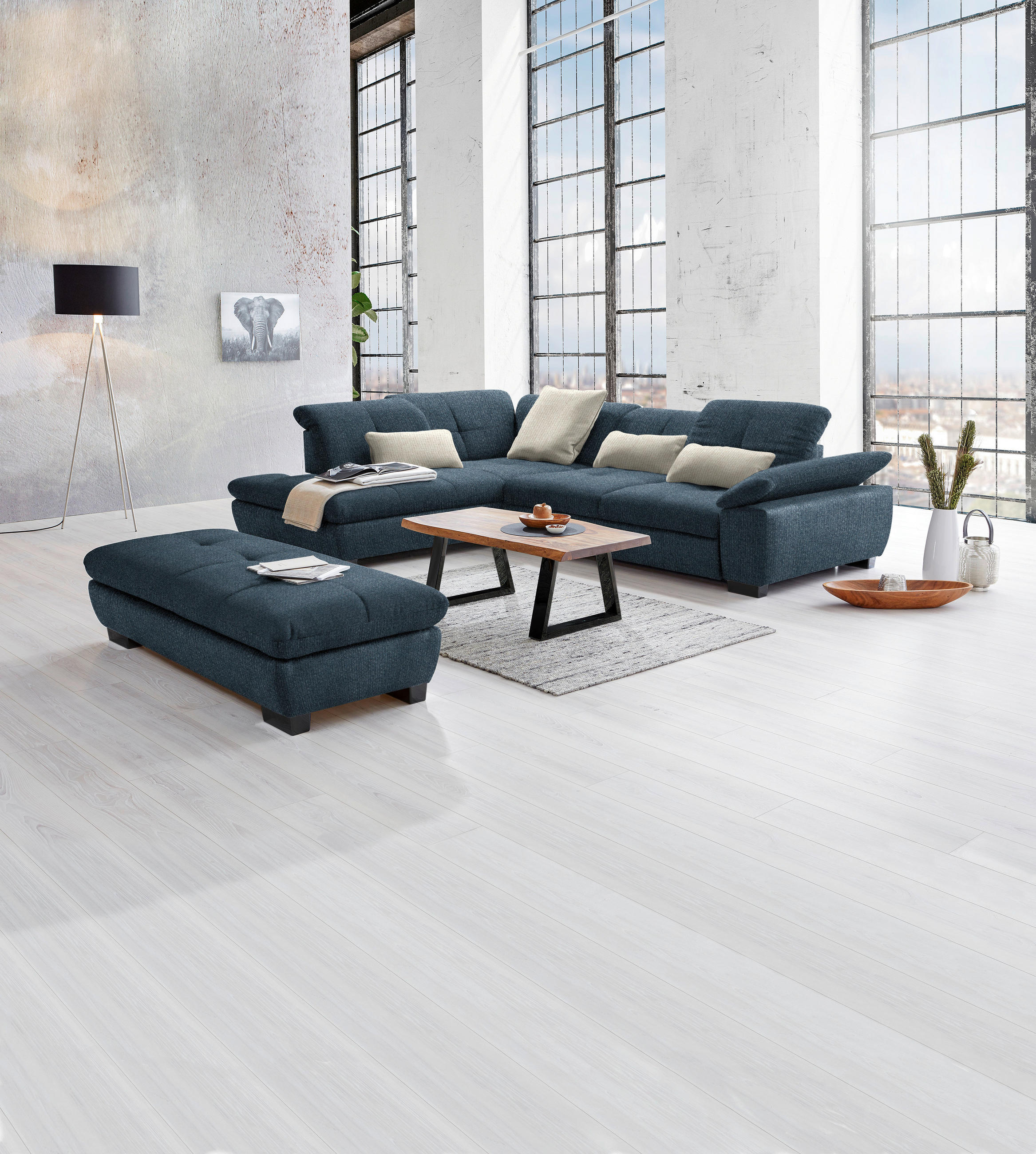 ECKSOFA in Flachgewebe Blau  - Blau/Schwarz, Design, Textil/Metall (242/313cm) - Xora