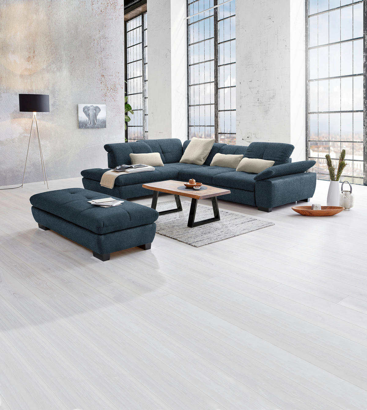 ECKSOFA in Flachgewebe Blau  - Blau/Schwarz, Design, Textil/Metall (242/313cm) - Xora