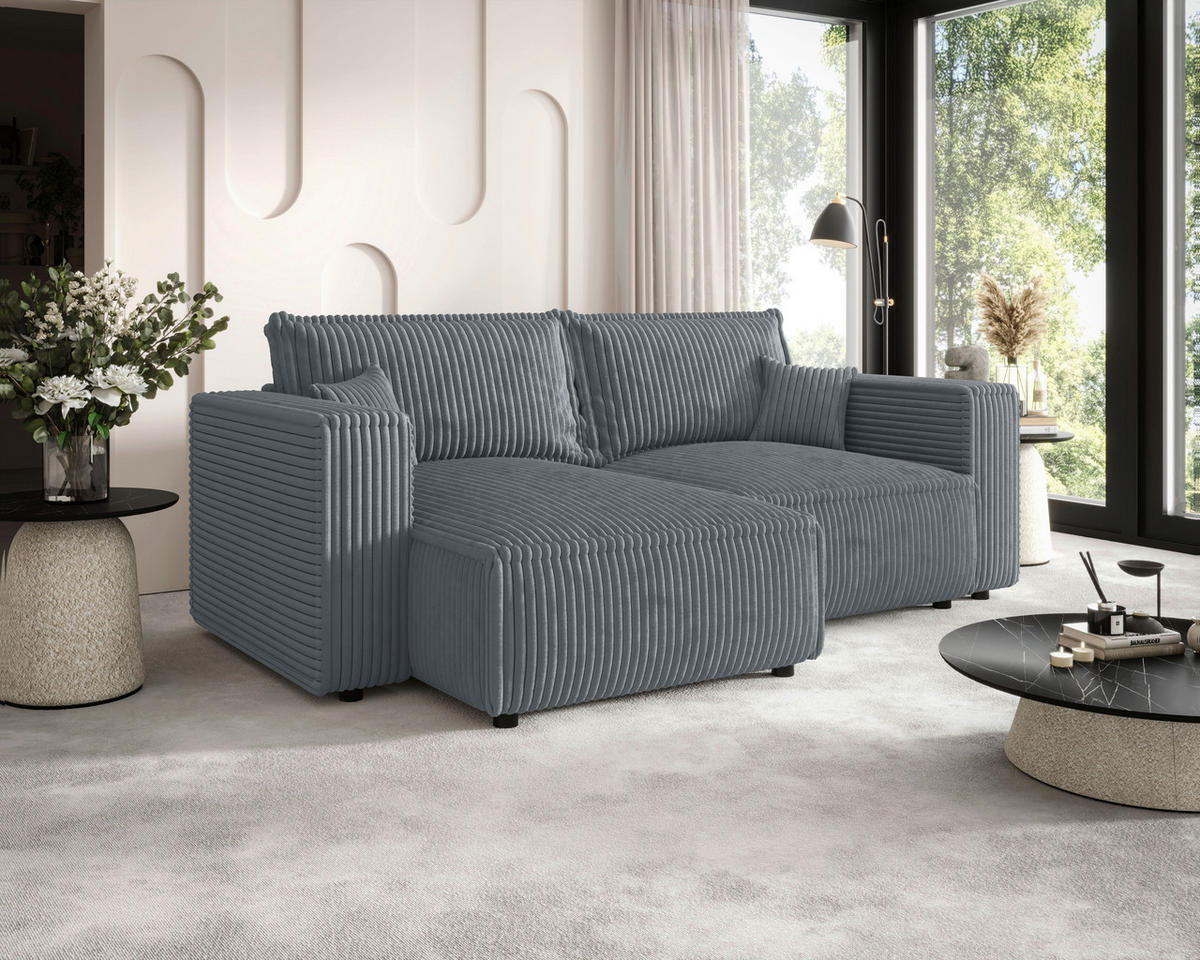 ECKSOFA Grau Cord Zierkissen, Rückenkissen, Schlaffunktion, Rücken echt  - Schwarz/Grau, MODERN, Kunststoff/Textil (153/250cm) - Xora