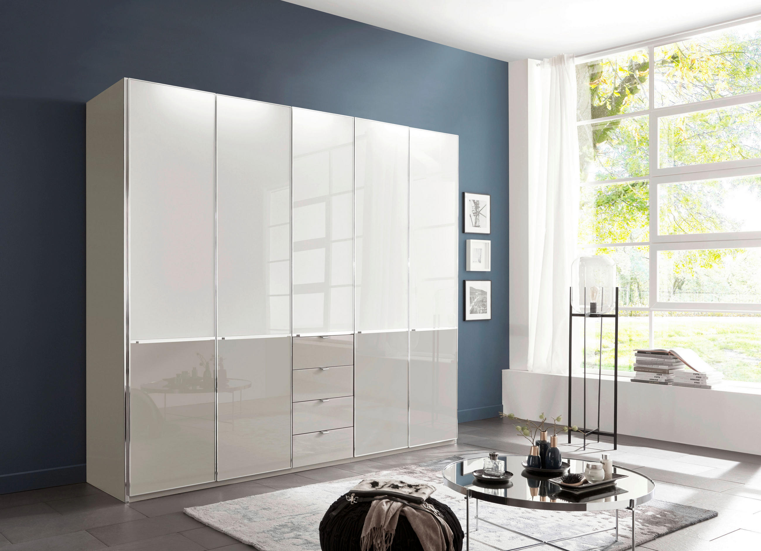 DREHTÜRENSCHRANK in Grau, Weiss  - Chromfarben/Weiss, Design, Glas/Holzwerkstoff (250/216/58cm) - Novel