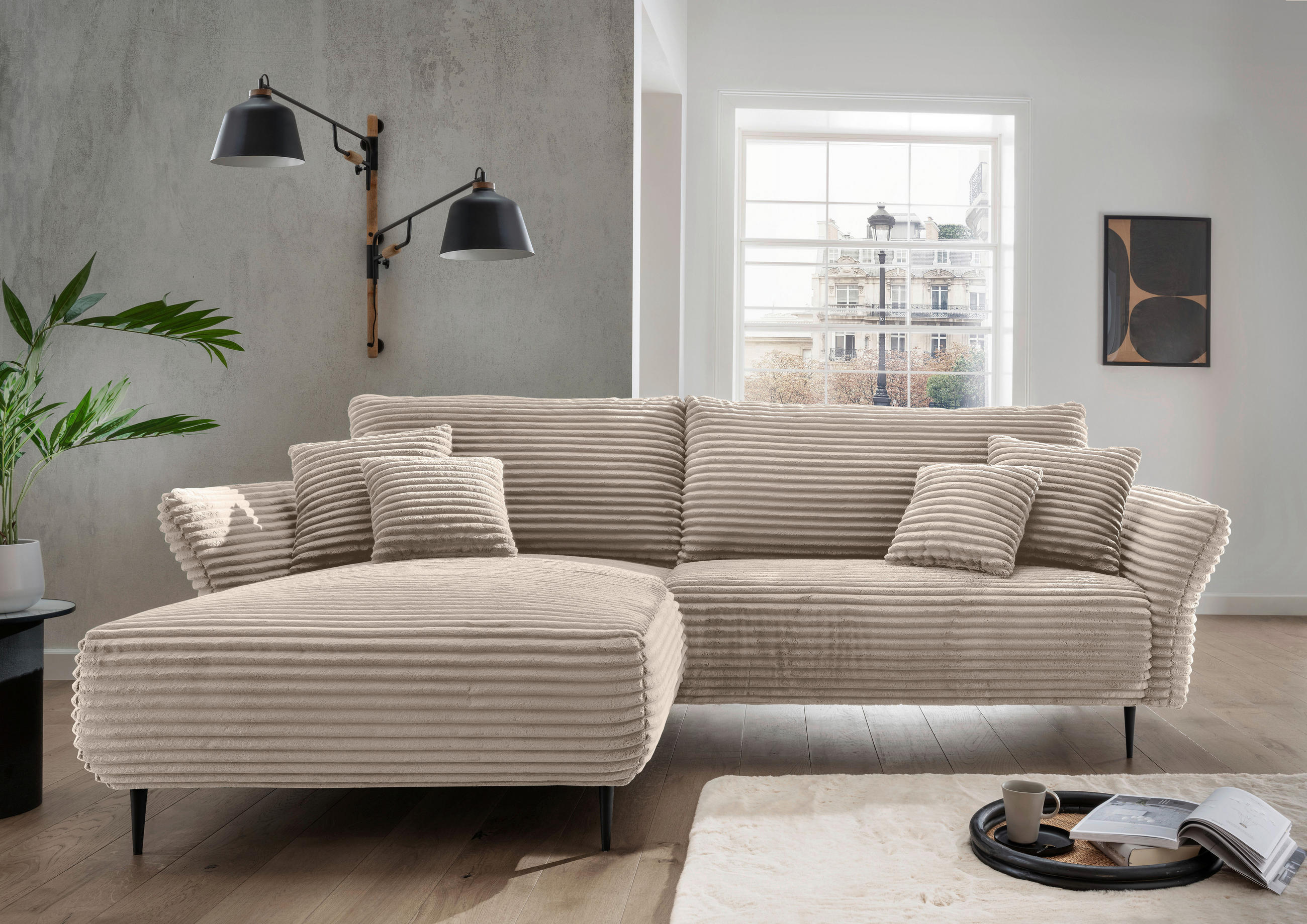 ECKSOFA Cappuccino Cord  - Schwarz/Cappuccino, Design, Textil/Metall (178/264-302cm) - Livetastic