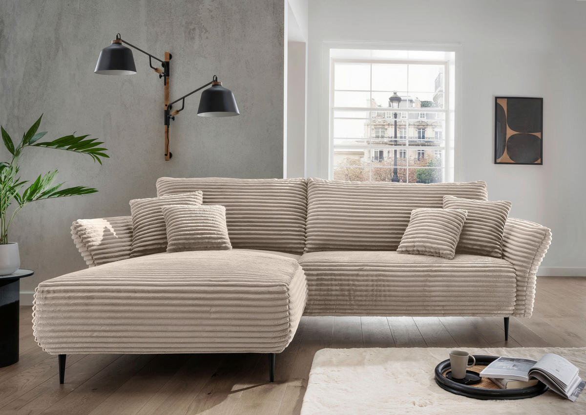 ECKSOFA Cappuccino Cord  - Schwarz/Cappuccino, Design, Textil/Metall (178/264-302cm) - Livetastic