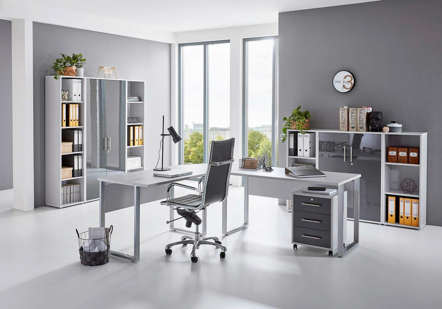 BÜRO erweiterbar, in verschiedenen Holz-Dekoren erhältlich, Schreibtisch seitenverkehrt montierbar, abschließbar Grau, Anthrazit Hochglanz - Anthrazit Hochglanz/Grau, MODERN, Holzwerkstoff - MID.YOU