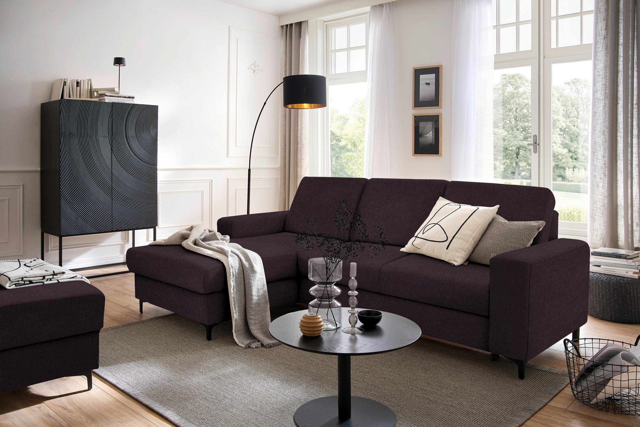ECKSOFA in Velours Aubergine  - Aubergine/Schwarz, Konventionell, Textil/Metall (167/247cm) - Stylife