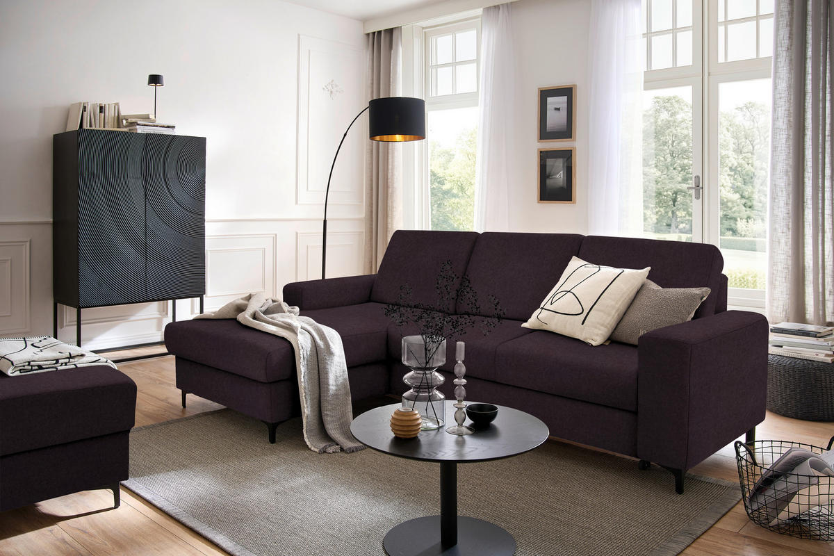ECKSOFA in Velours Aubergine  - Aubergine/Schwarz, Konventionell, Textil/Metall (167/247cm) - Stylife