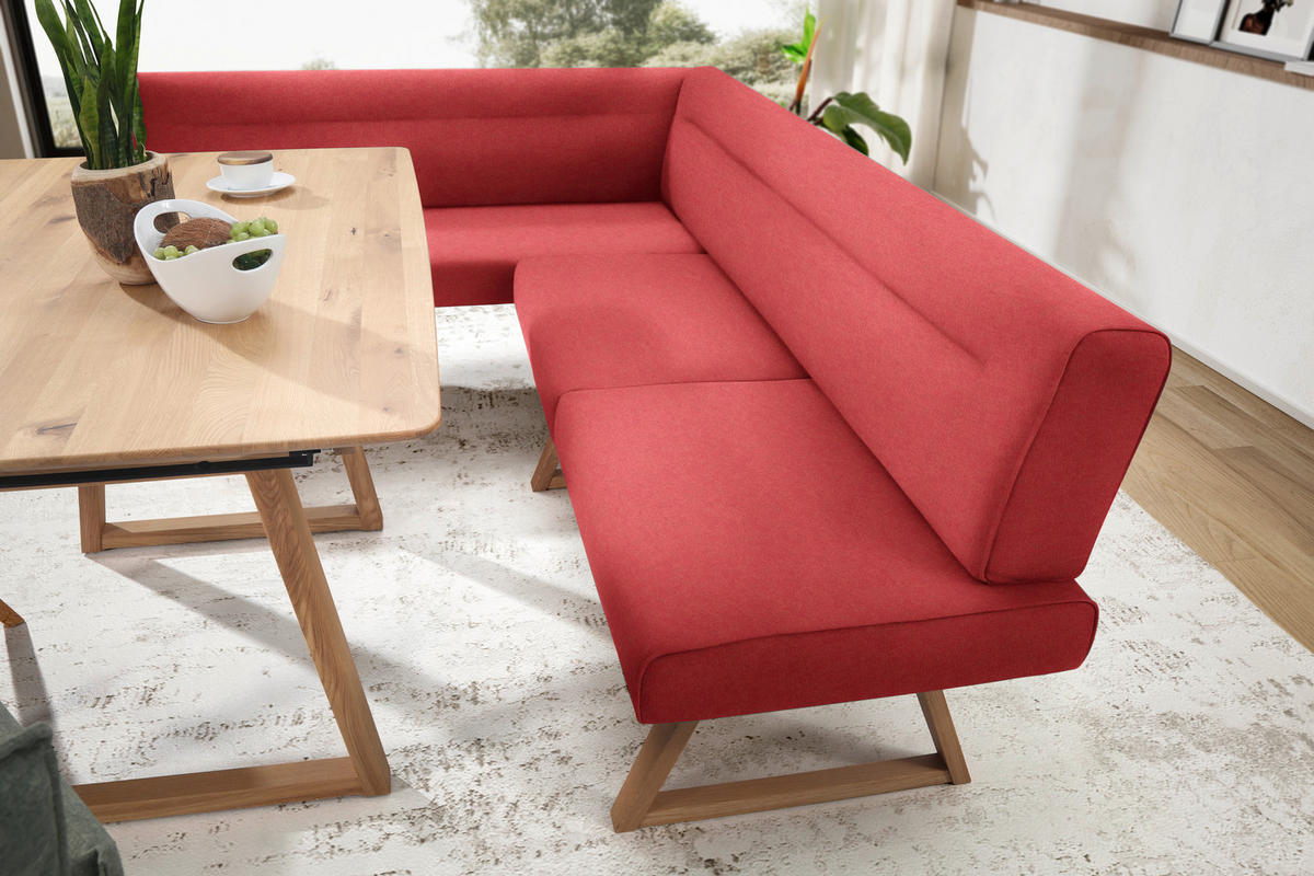 ECKBANK 170/230 cm Mikrofaser, Lederlook (vegan) Rot, Eichefarben Wildeiche massiv   - Eichefarben/Rot, KONVENTIONELL, Holz/Textil (170/230cm) - Moderano