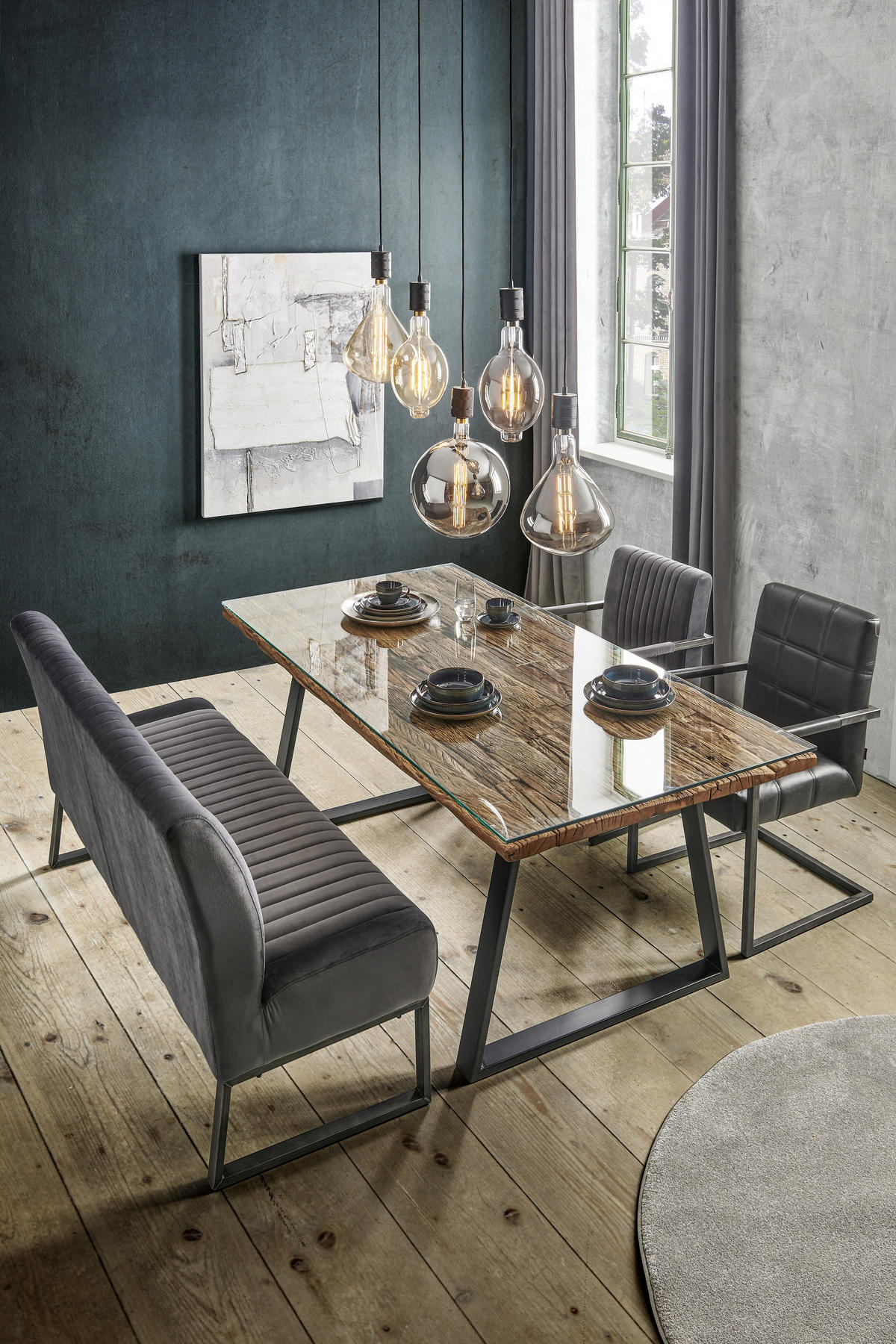 ESSTISCH in Holz, Metall, Glas 190/95/76 cm  - Schwarz/Naturfarben, Trend, Glas/Holz (190/95/76cm) - Ambia Home