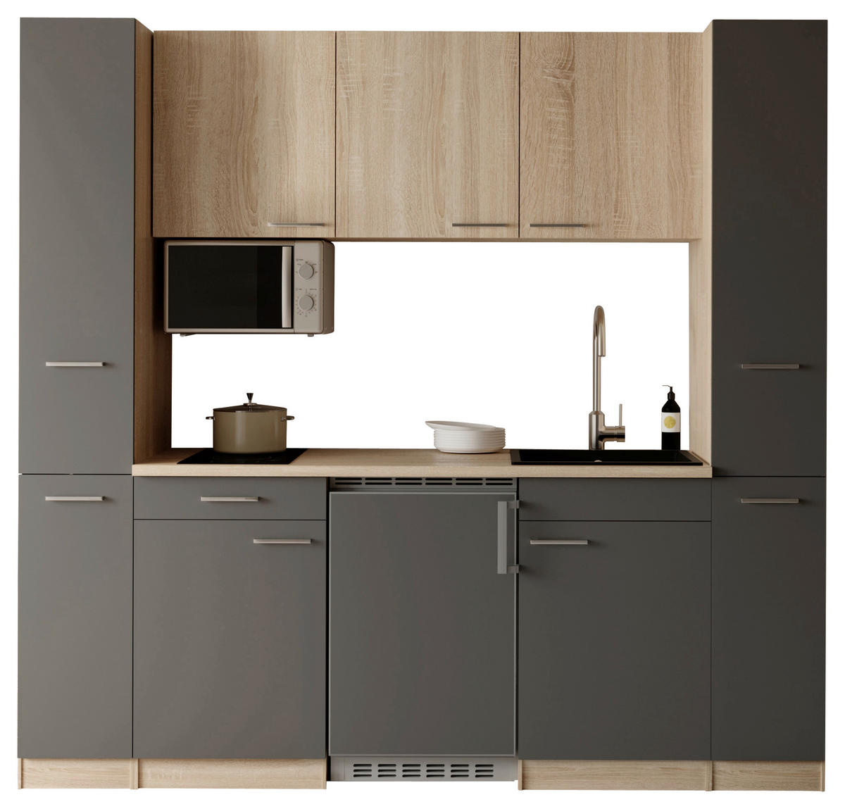 KÜCHENBLOCK Ingrid 210 cm  in Grau  - Eichefarben/Alufarben, Design, Holzwerkstoff/Kunststoff (210cm) - Respekta