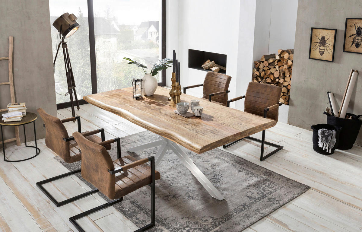 ESSTISCH 200/100/77 cm Echtholz  Holz, Metall rechteckig Naturfarben, Silberfarben  - Silberfarben/Naturfarben, MODERN, Holz/Metall (200/100/77cm) - MID.YOU
