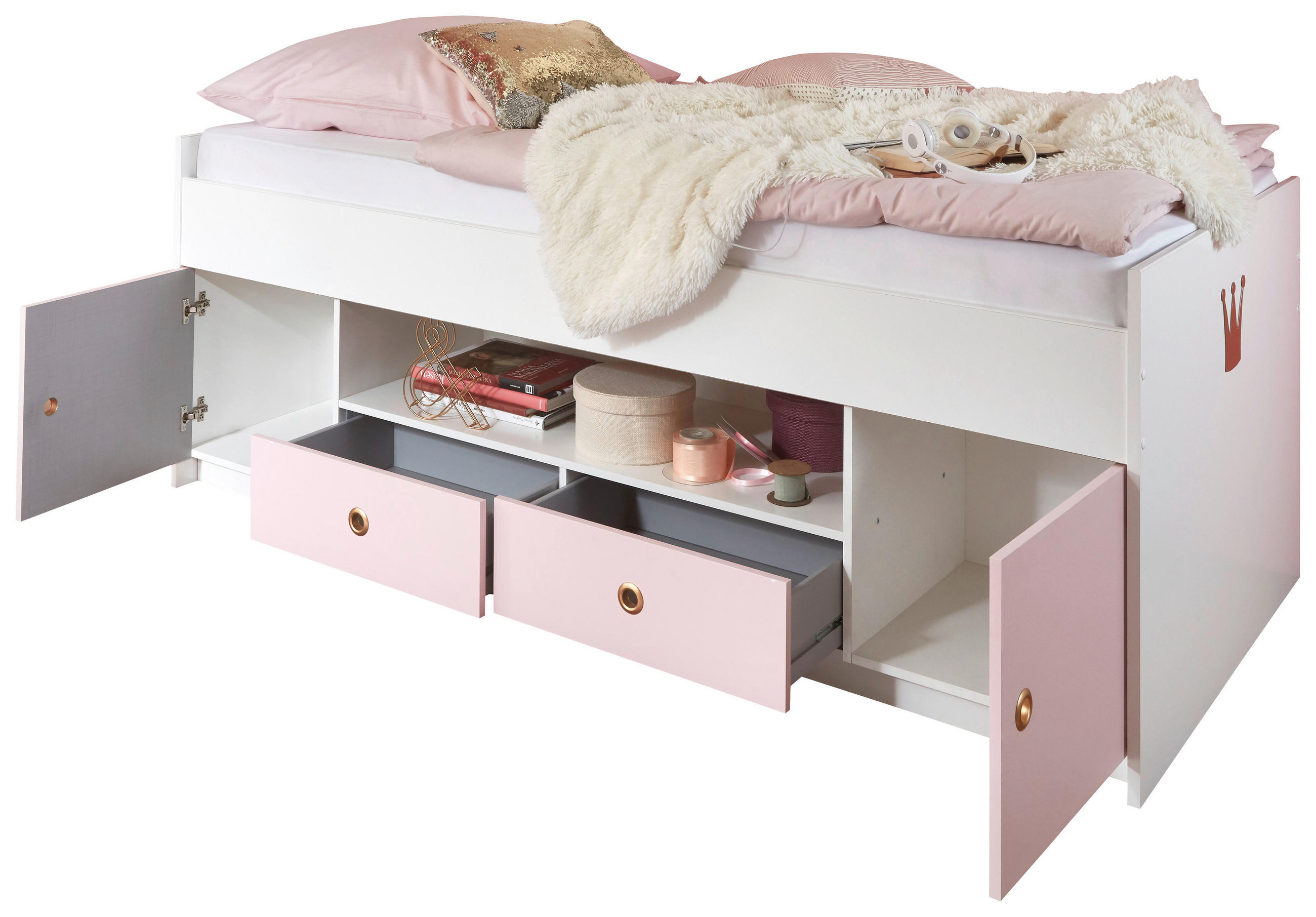 OTROŠKA/MLADINSKA POSTELJA 204/74/95 cm - roza/bela, Konvencionalno, leseni material/les (204/74/95cm) - Ti'me