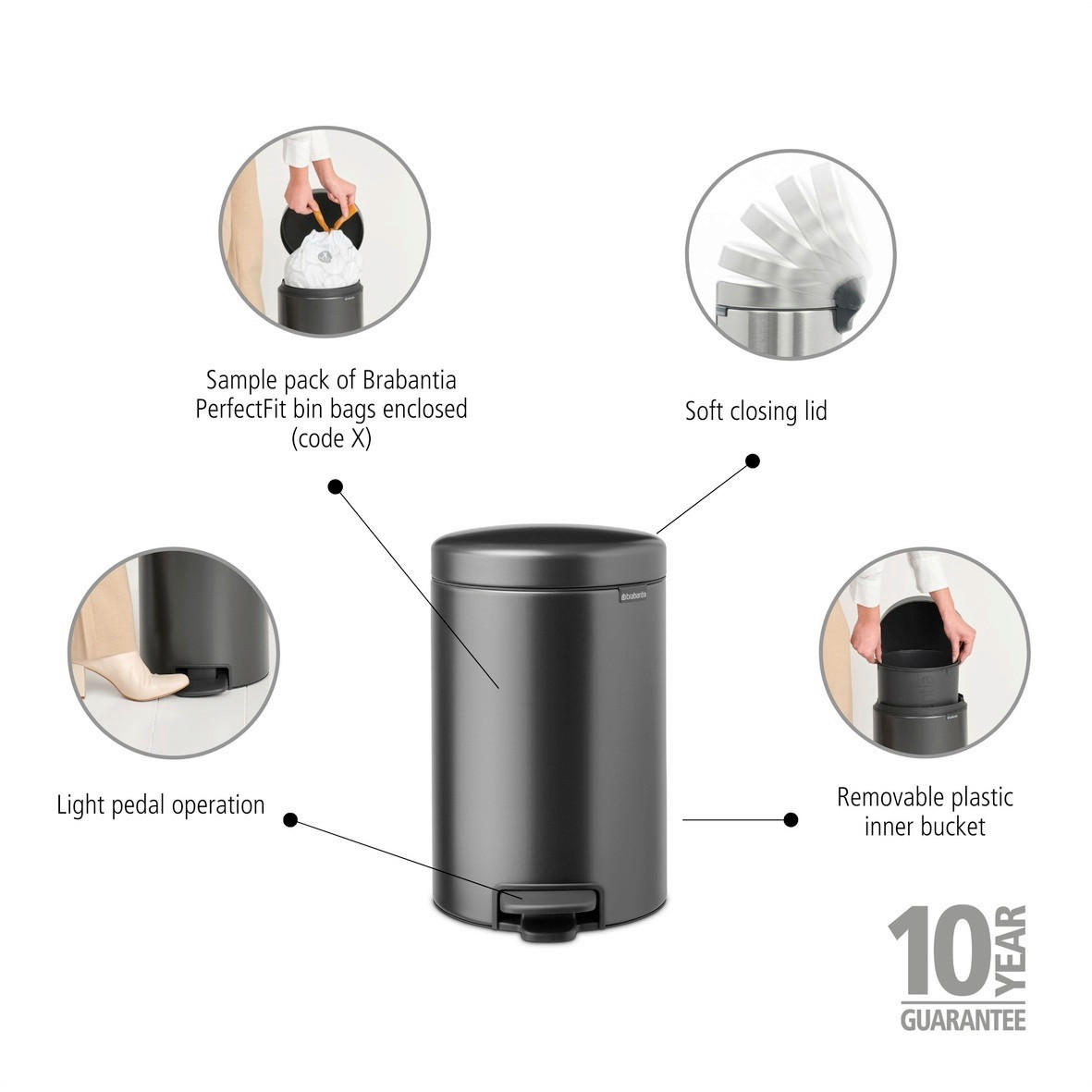 KANTA SA PAPUČICOM  12 l   - tamnosiva/antracit, Osnovno, metal/plastika (25.1/41.1/33.8cm) - Brabantia