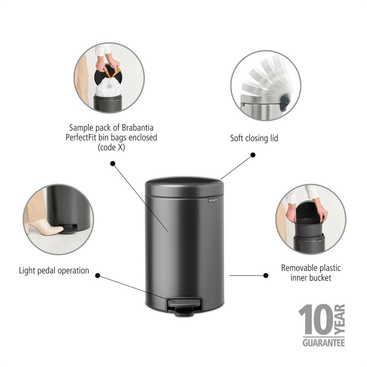 KOŠ S NOŽNOM PAPUČICOM  12 l  New Icon  - tamno siva/antracit, Basics, metal/plastika (25.1/41.1/33.8cm) - Brabantia