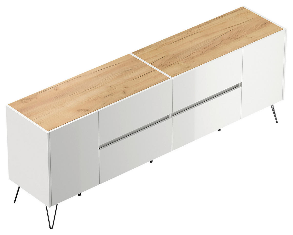 SIDEBOARD Posseik Industrial 199/75,8/42 cm 4 Schublade(n)  - Weiß Hochglanz/Eichefarben, Design, Holzwerkstoff/Metall (199/75,8/42cm) - MID.YOU