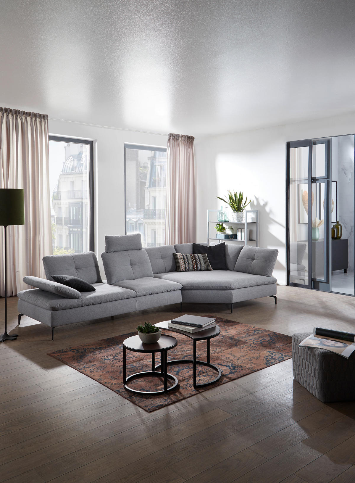 ECKSOFA in Flachgewebe Hellgrau  - Hellgrau/Schwarz, Design, Textil/Metall (344/159cm) - Chilliano