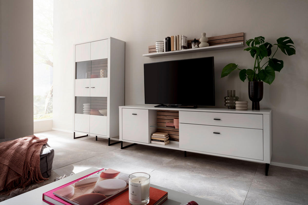 WOHNWAND  in Weiss, Eichefarben 326/185/44 cm  - Weiss/Eichefarben, Design, Glas/Holzwerkstoff (326/185/44cm) - Stylife