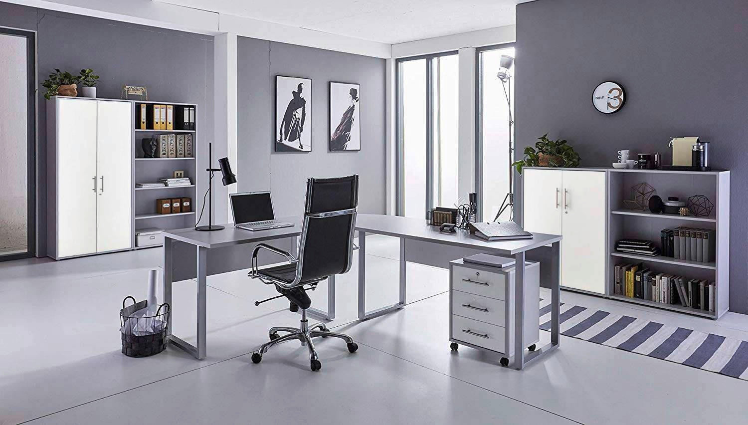 BÜRO erweiterbar, in verschiedenen Holz-Dekoren erhältlich, Schreibtisch seitenverkehrt montierbar, abschließbar Grau, Weiß - Weiß/Grau, MODERN, Holzwerkstoff - MID.YOU