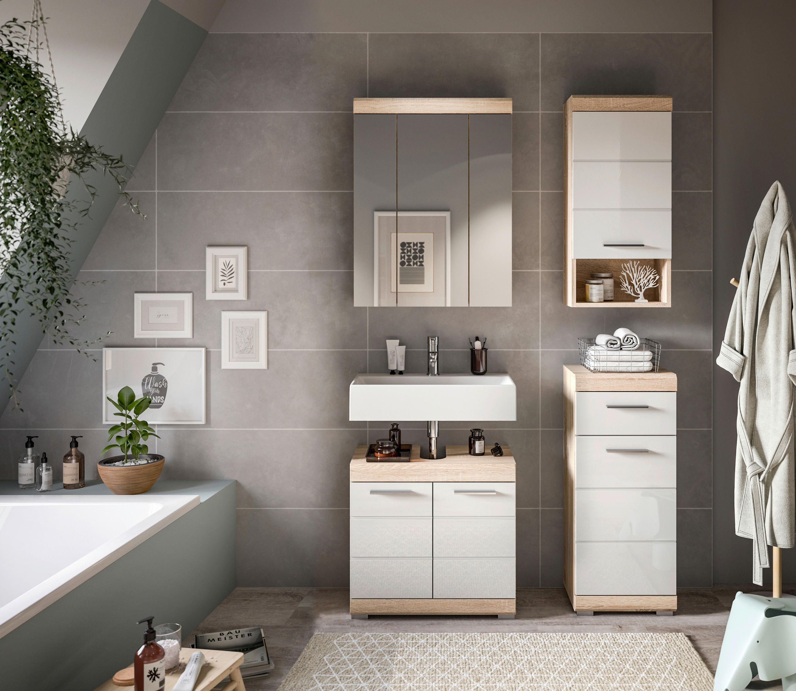 BADEZIMMER 4-teilig  in 97 cm  - Weiss Hochglanz/Silberfarben, Modern, Glas/Holzwerkstoff (97cm) - MID.YOU