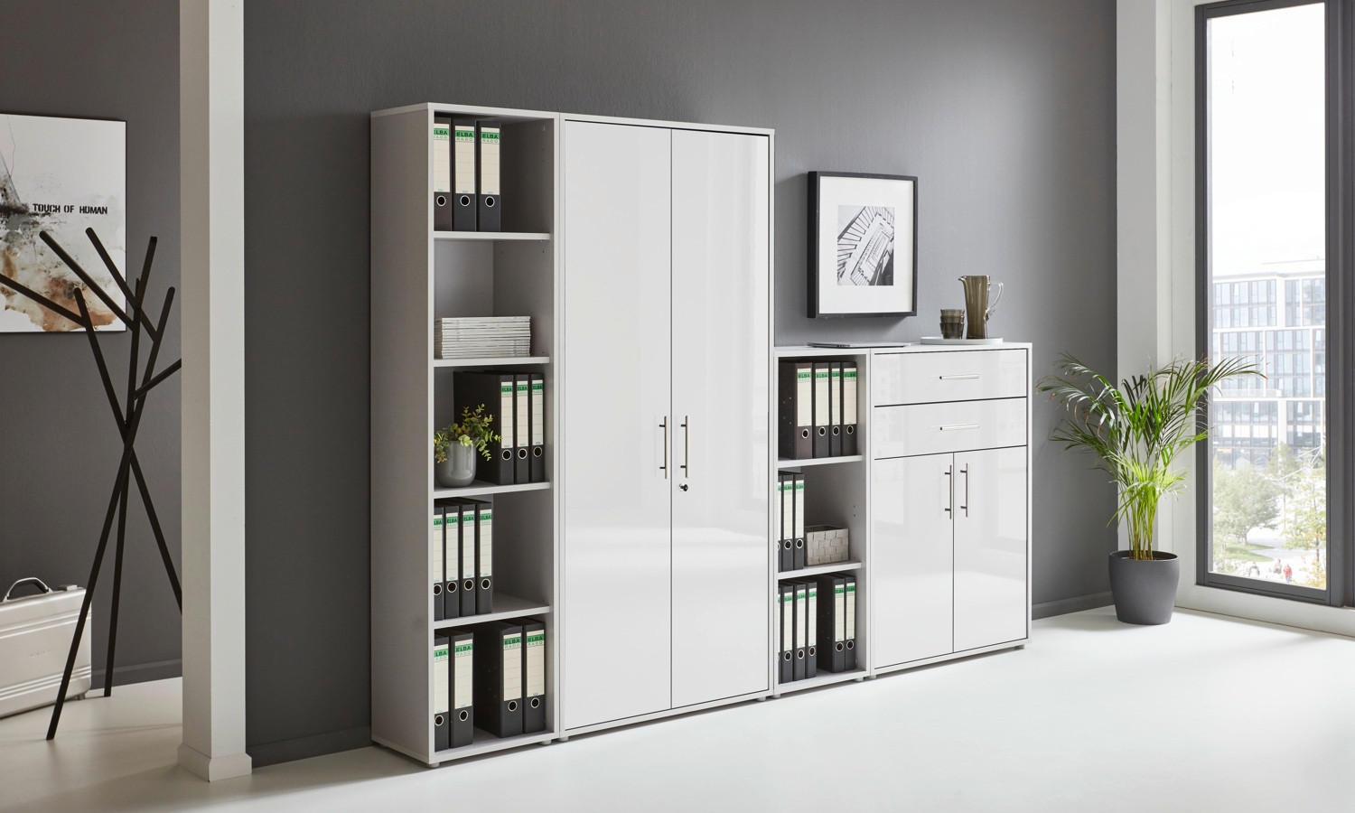 AKTENSCHRANK Grau, Weiß Hochglanz  - Weiß Hochglanz/Grau, MODERN, Holzwerkstoff (257/185,6/33cm) - MID.YOU