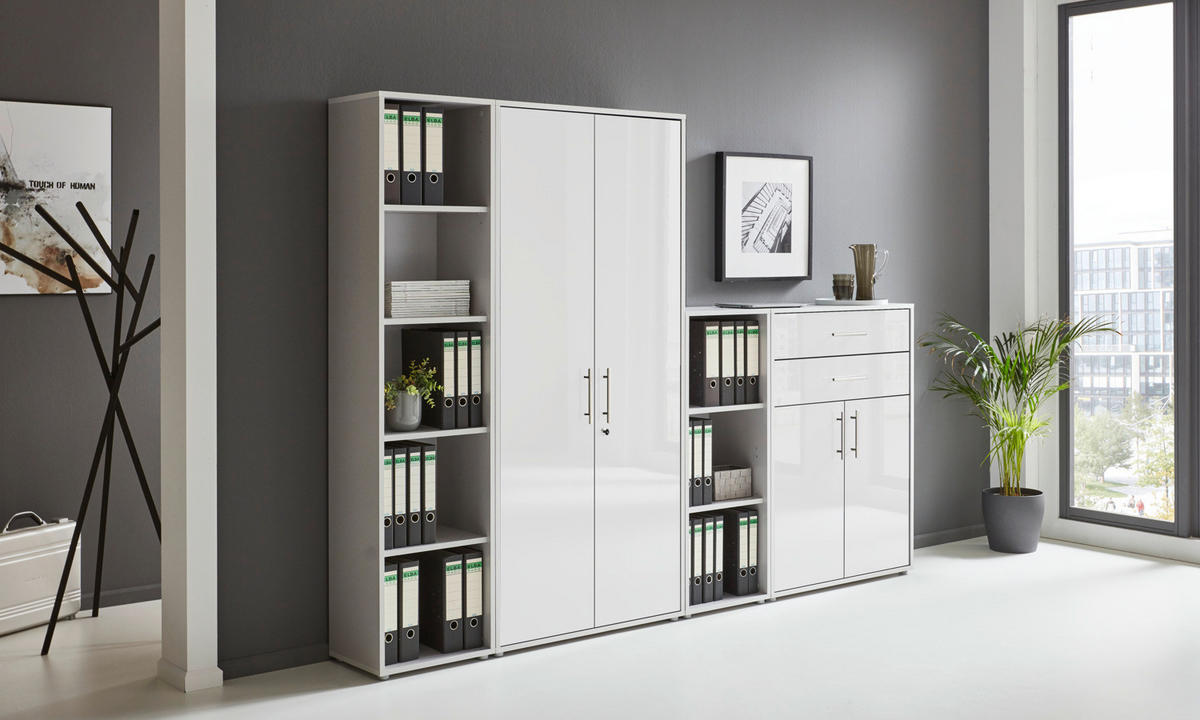 AKTENSCHRANK Grau, Weiß Hochglanz  - Weiß Hochglanz/Grau, MODERN, Holzwerkstoff (257/185,6/33cm) - MID.YOU