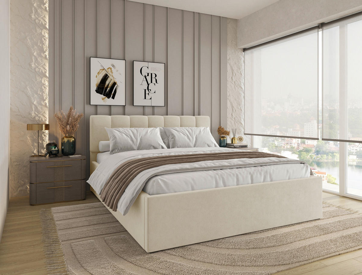 POLSTERBETT 160/200 cm  in Creme  - Creme/Schwarz, Design, Holz/Kunststoff (160/200cm) - Stylife