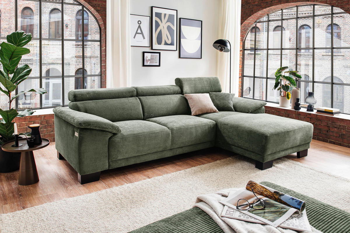 ECKSOFA in Cord Grün  - Schwarz/Grün, Design, Holz/Textil (270/174cm) - Pure Home Lifestyle