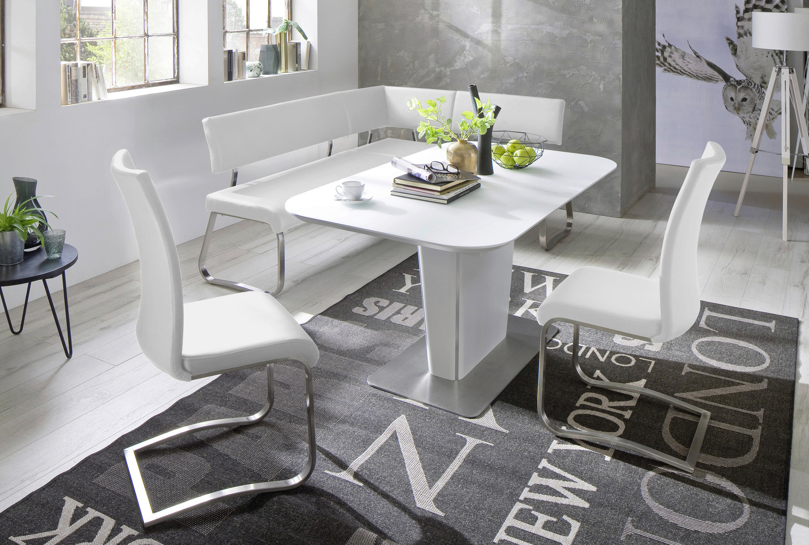 ECKBANK 200/150 cm Echtleder Weiß, Edelstahlfarben   - Edelstahlfarben/Weiß, Design, Leder/Metall (200/150cm) - Livetastic