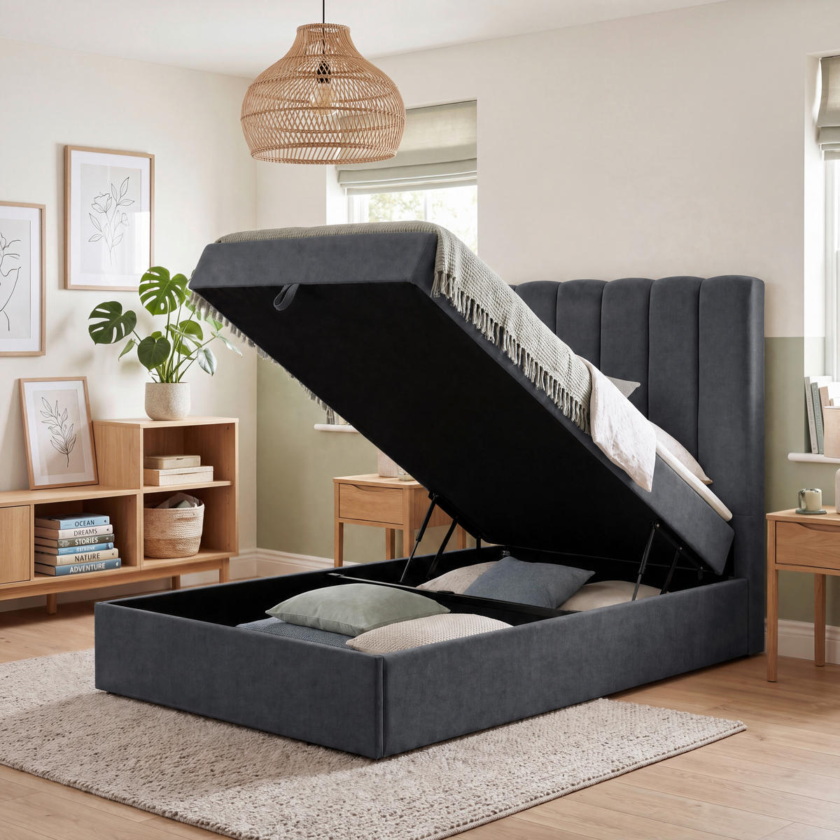 BOXBETT 100/200 cm,  in Anthrazit, Matratze, gepolstertes Kopfteil, Bettkasten, Topper, H3 = fest  - Anthrazit/Schwarz, Basics, Kunststoff/Textil (100/200cm) - Chameo