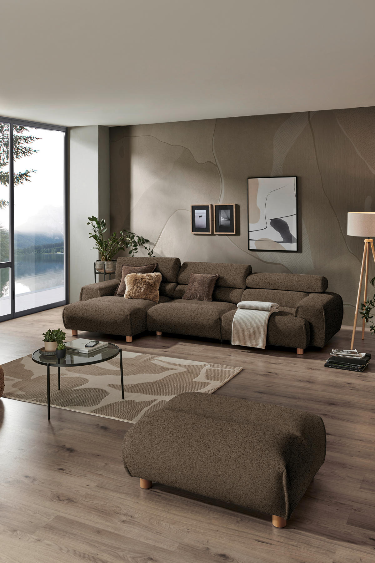 ECKSOFA in Velours Dunkelbraun  150/329 cm  - Dunkelbraun, Natur, Holz/Textil (150/329cm) - Lomoco