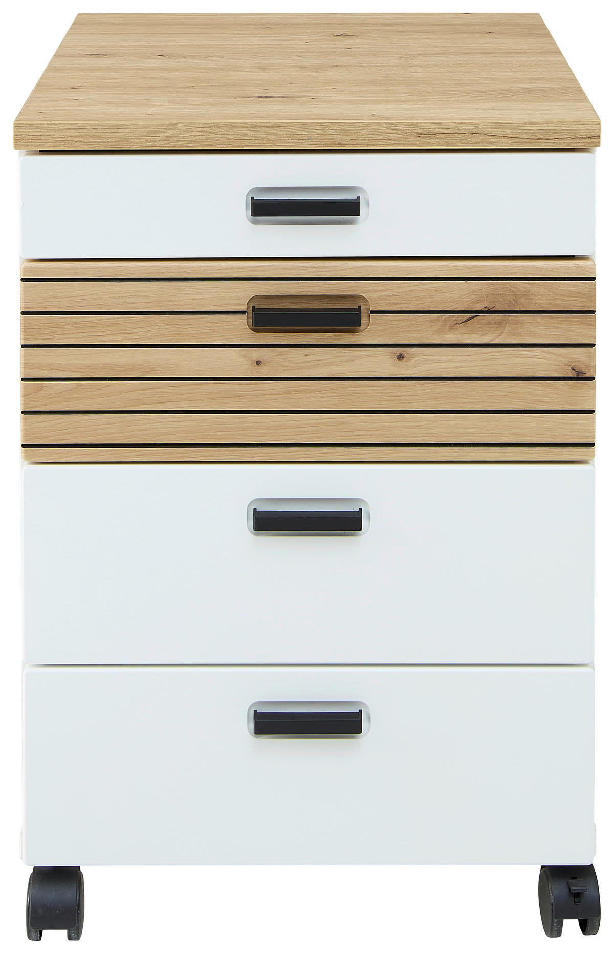 ROLLCONTAINER Weiß, Eiche Artisan  - Schwarz/Weiß, KONVENTIONELL, Holzwerkstoff/Kunststoff (45/66/55cm) - Stylife