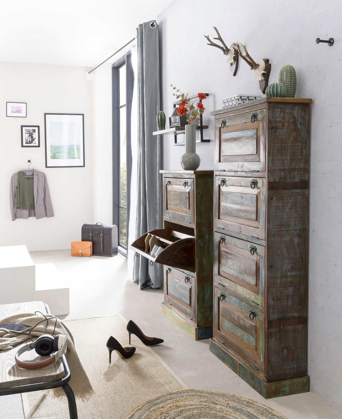 SCHUHSCHRANK Altholz massiv Multicolor  - Multicolor/Schwarz, Design, Holz/Metall (65/110/25cm) - MID.YOU