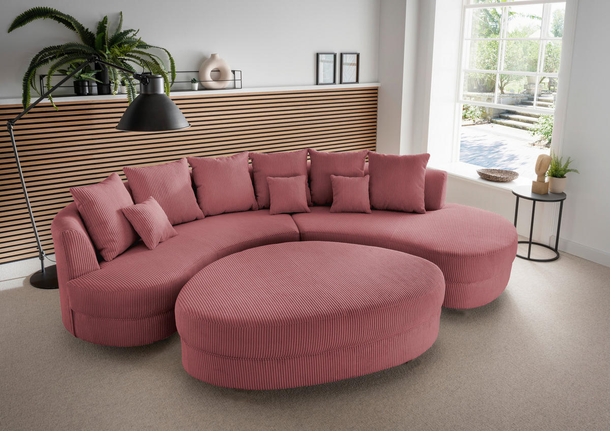 Wohnlandschaft inkl. Hocker Koralle Cord  - Koralle/Schwarz, Design, Kunststoff/Textil (300/160cm) - Livetastic