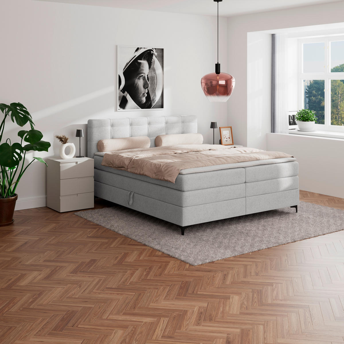 BOXSPRINGBETT 200/200 cm,  in Silberfarben, H3 = fest  - Silberfarben/Schwarz, KONVENTIONELL, Kunststoff/Textil (200/200cm)