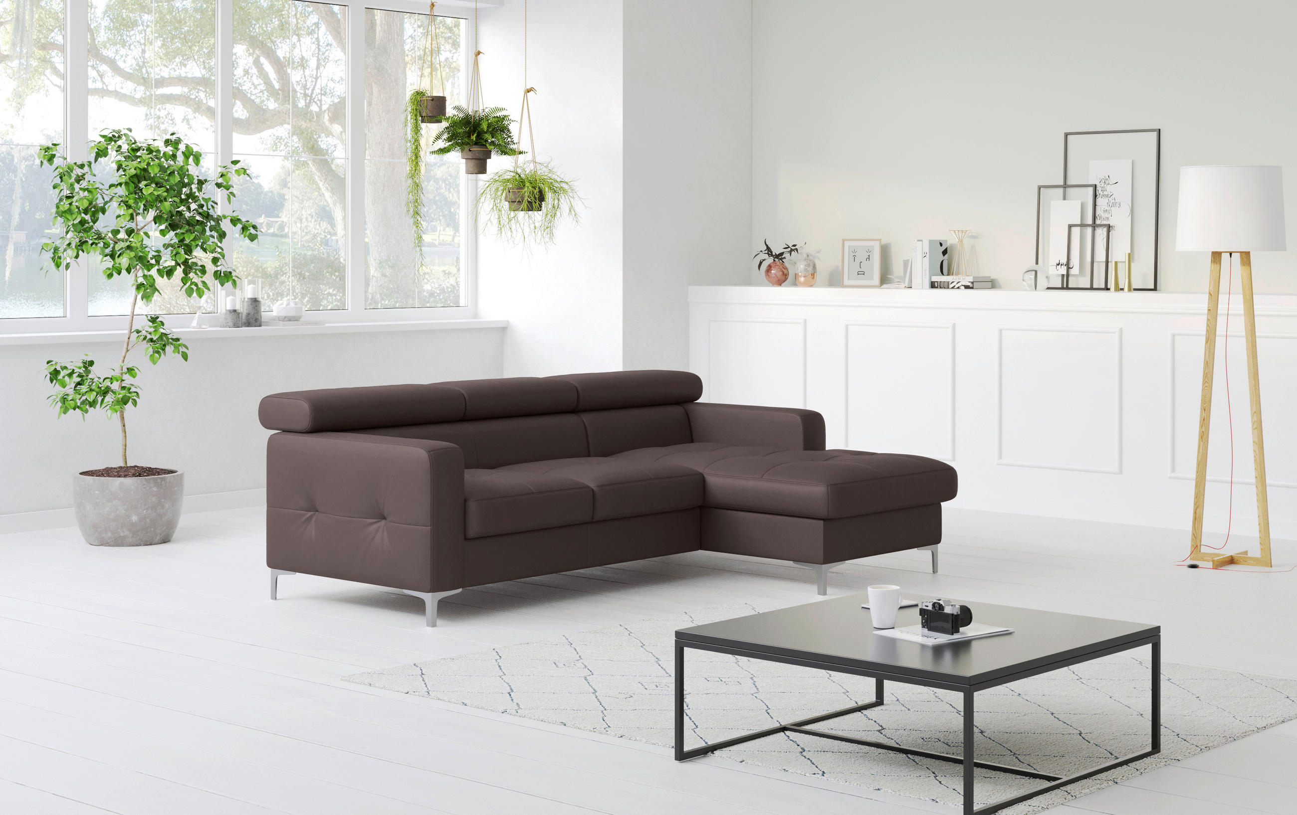 ECKSOFA in Echtleder Graubraun  227/168 cm  - Chromfarben/Graubraun, Design, Leder/Metall (227/168cm) - Livetastic
