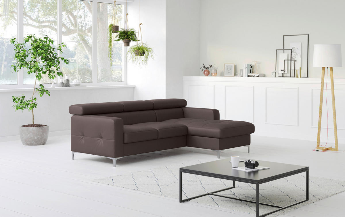 ECKSOFA in Echtleder Graubraun  227/168 cm  - Chromfarben/Graubraun, Design, Leder/Metall (227/168cm) - Livetastic