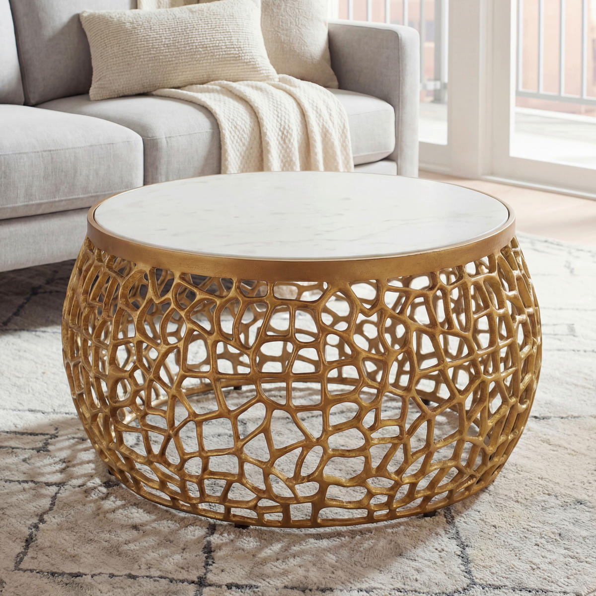 COUCHTISCH 60/60/35 cm rund Goldfarben  - Goldfarben, Design, Stein/Metall (60/60/35cm) - Livetastic