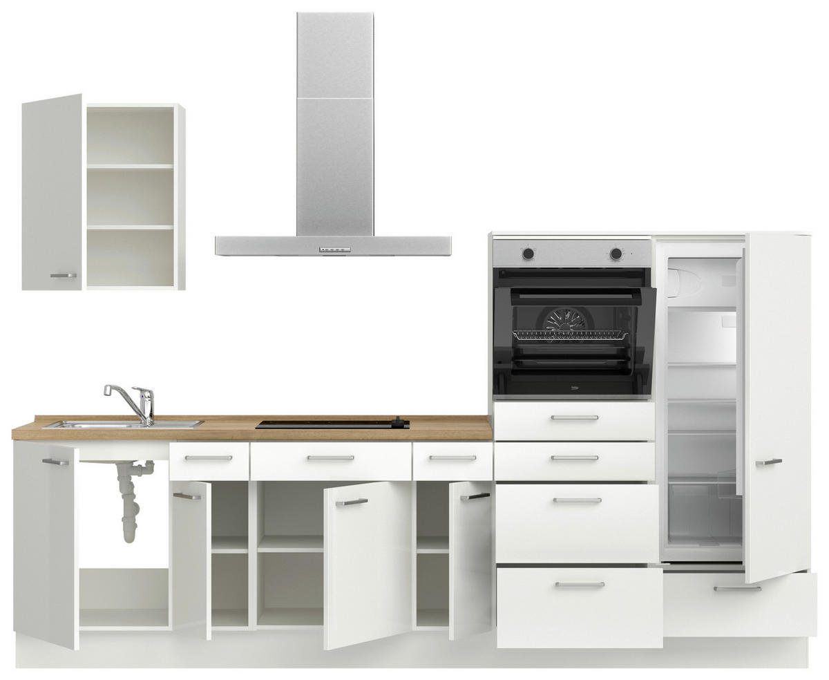 KÜCHENLEERBLOCK 300 cm   in Eichefarben, Weiß Hochglanz  - Edelstahlfarben/Eichefarben, MODERN, Holzwerkstoff/Metall (300cm) - Nobilia