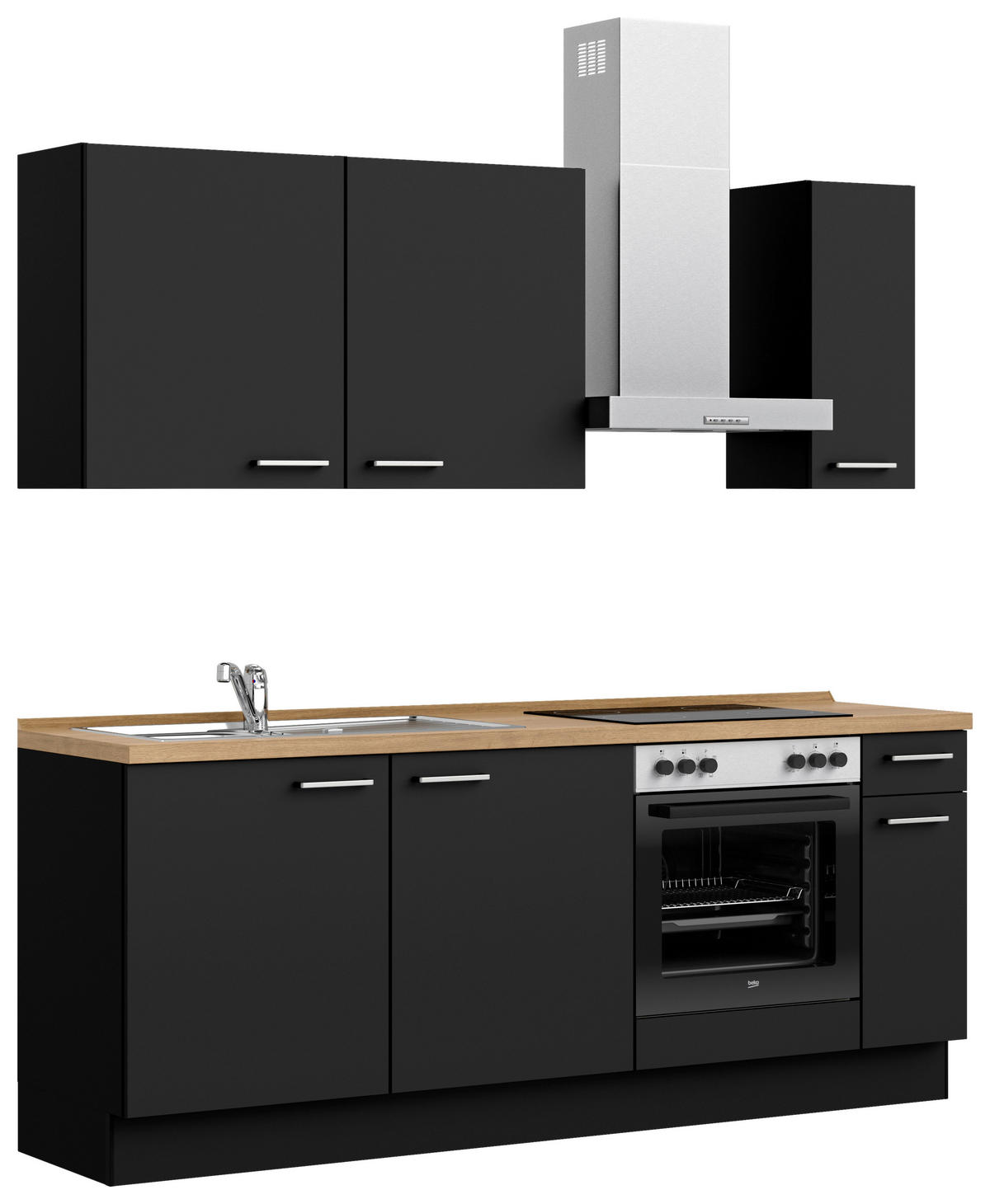 KÜCHENBLOCK Touch 210 cm  in Schwarz, Eichefarben  - Edelstahlfarben/Eichefarben, MODERN, Holzwerkstoff/Metall (210cm) - Nobilia