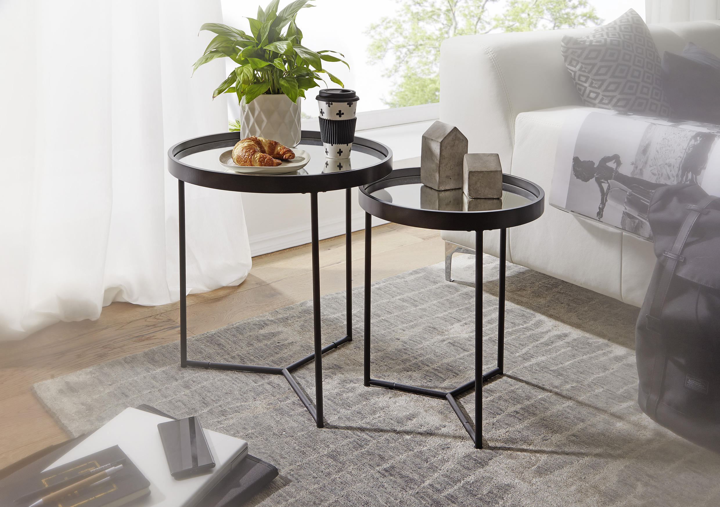 BEISTELLTISCHSET 45,5/45,5/50,5 cm Schwarz rund  - Schwarz, Design, Glas/Metall (45,5/45,5/50,5cm) - MID.YOU