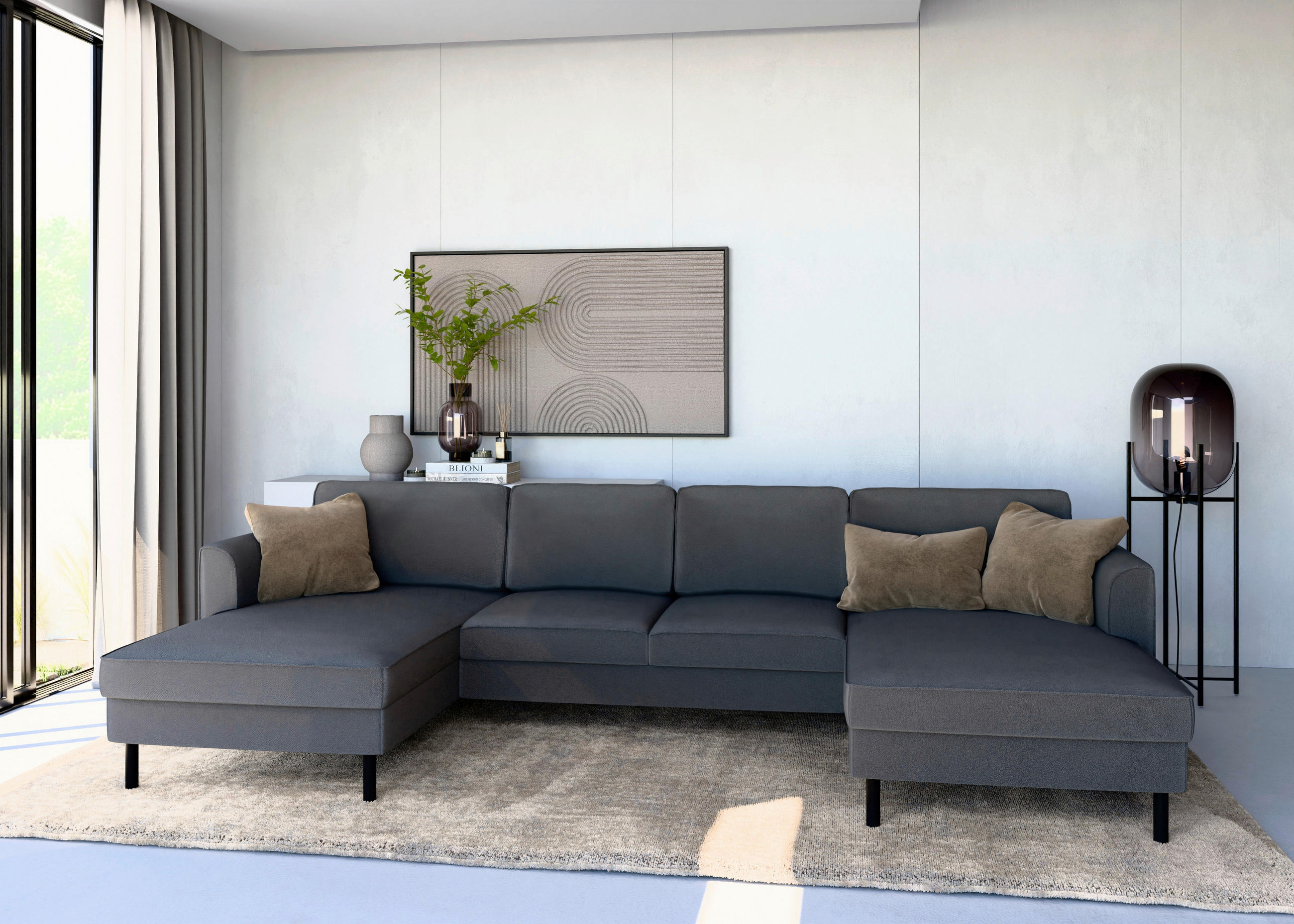 WOHNLANDSCHAFT Anthrazit Struktur  - Anthrazit/Schwarz, MODERN, Textil/Metall (161/306/161cm) - Trendmanufaktur