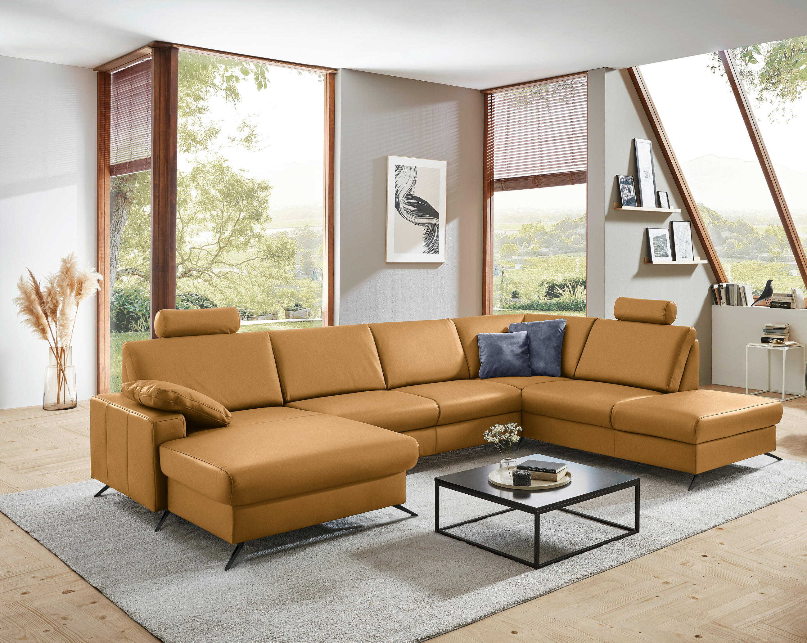 WOHNLANDSCHAFT in Echtleder Currygelb  - Currygelb/Schwarz, Design, Leder/Metall (165/339/233cm) - Beldomo Premium