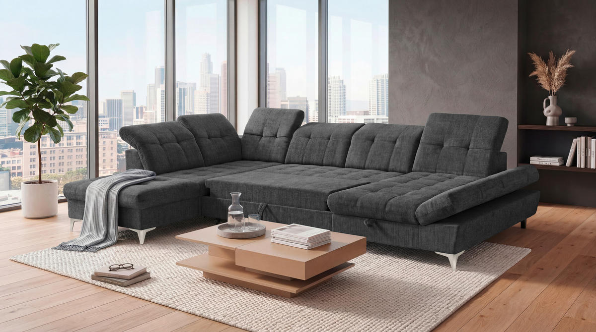 WOHNLANDSCHAFT Mikrovelours Graphitfarben  - Kaschmir/Graphitfarben, Modern, Kunststoff/Textil (245/348/168cm) - MID.YOU