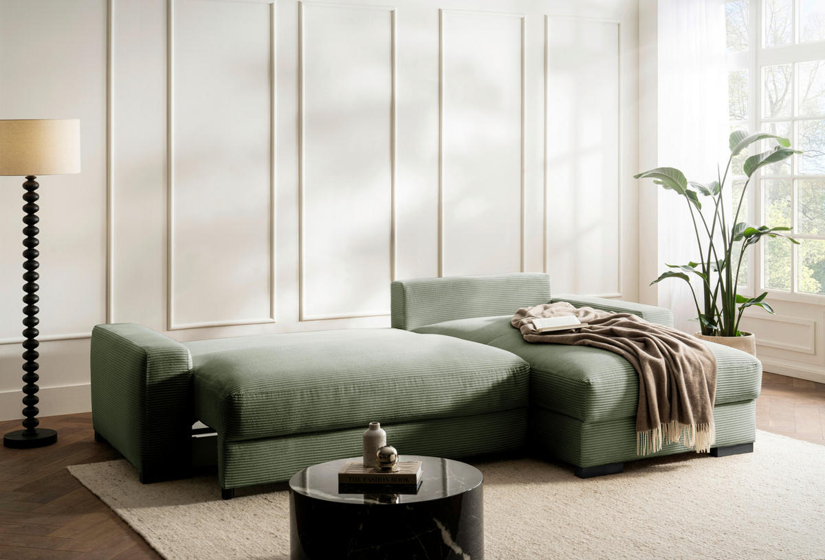 ECKSOFA Mintgrün Cord  - Schwarz/Mintgrün, Design, Holz/Textil (264/184cm) - Stylife