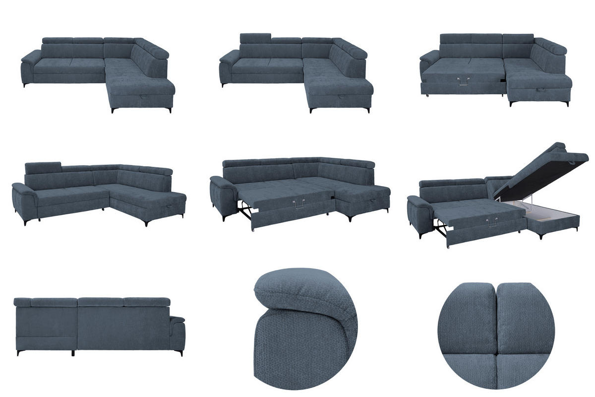 ECKSOFA Dunkelblau Chenille Bettkasten, Schlaffunktion, Rücken echt, Kopfteilverstellung, Liegefläche im Originalstoff  - Schwarz/Dunkelblau, KONVENTIONELL, Textil/Metall (265/206cm) - Carryhome