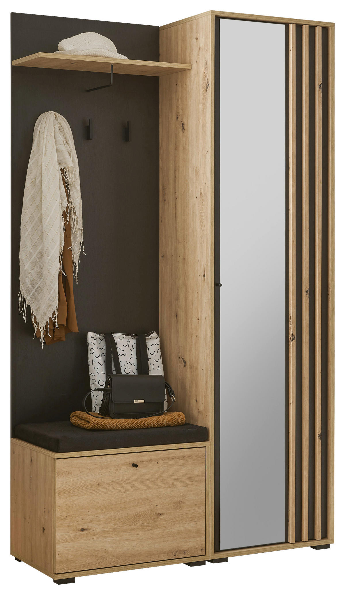 GARDEROBE 5-teilig  in 114/197/40 cm  - Schwarz/Eiche Artisan, Design, Glas/Holzwerkstoff (114/197/40cm) - Carryhome