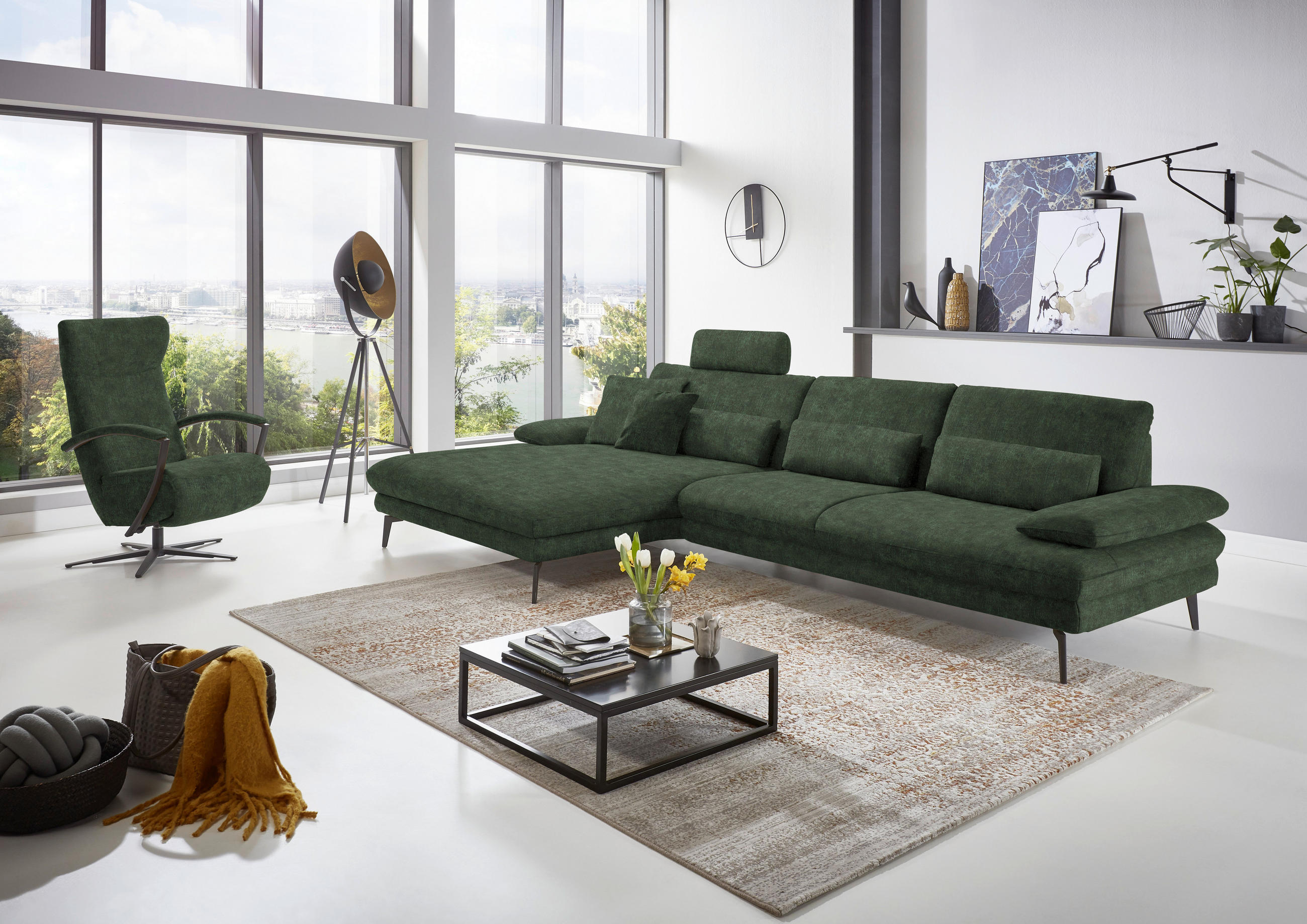 ECKSOFA in Velours Olivgrün  - Schwarz/Olivgrün, Design, Textil/Metall (180/310cm) - Dieter Knoll