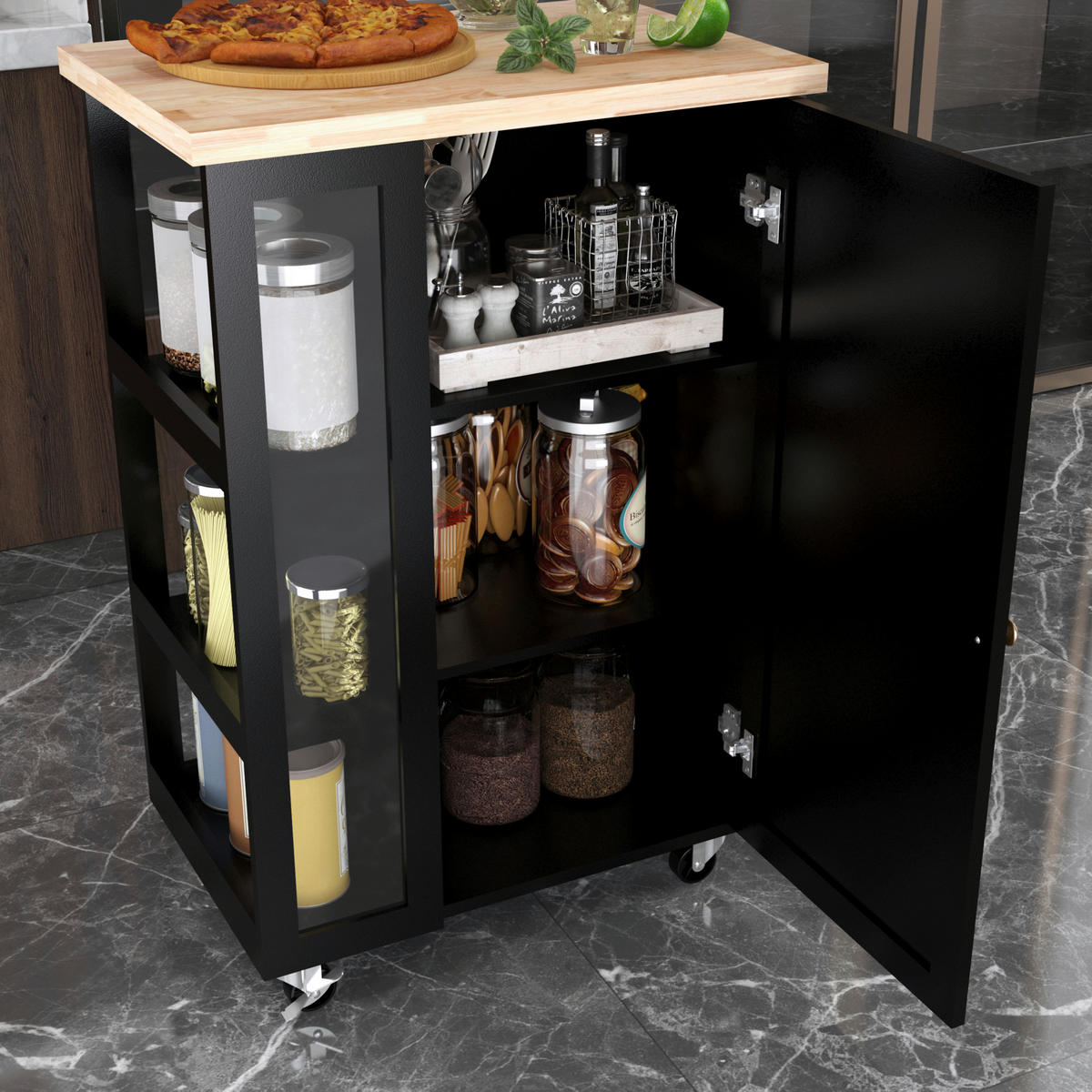 KÜCHENINSEL   in Naturfarben, Schwarz  - Messingfarben/Schwarz, Basics, Glas/Holz (60/90/40cm) - MID.YOU