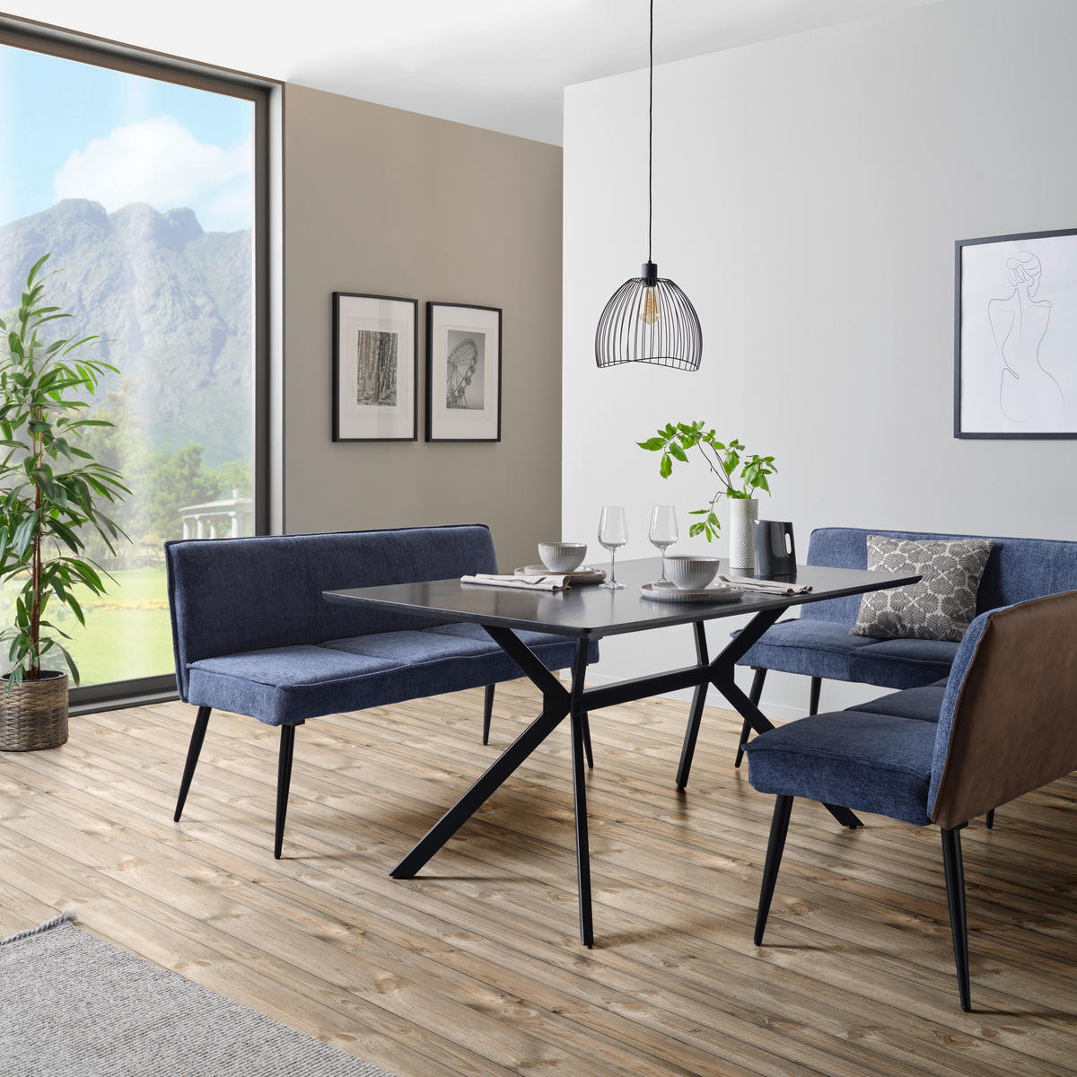 SITZBANK in Metall, Textil Blau, Braun  - Blau/Schwarz, Modern, Textil/Metall (140/83/62cm) - MID.YOU