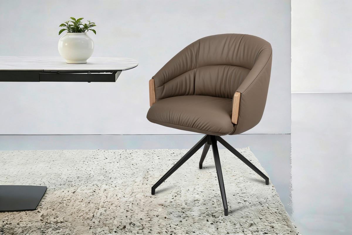 ARMLEHNSTUHL  Sitzfläche 360° drehbar, automatische Rückholfunktion  Echtleder  - Schwarz/Braun, Design, Leder/Holz (61/84/62cm) - Valnatura